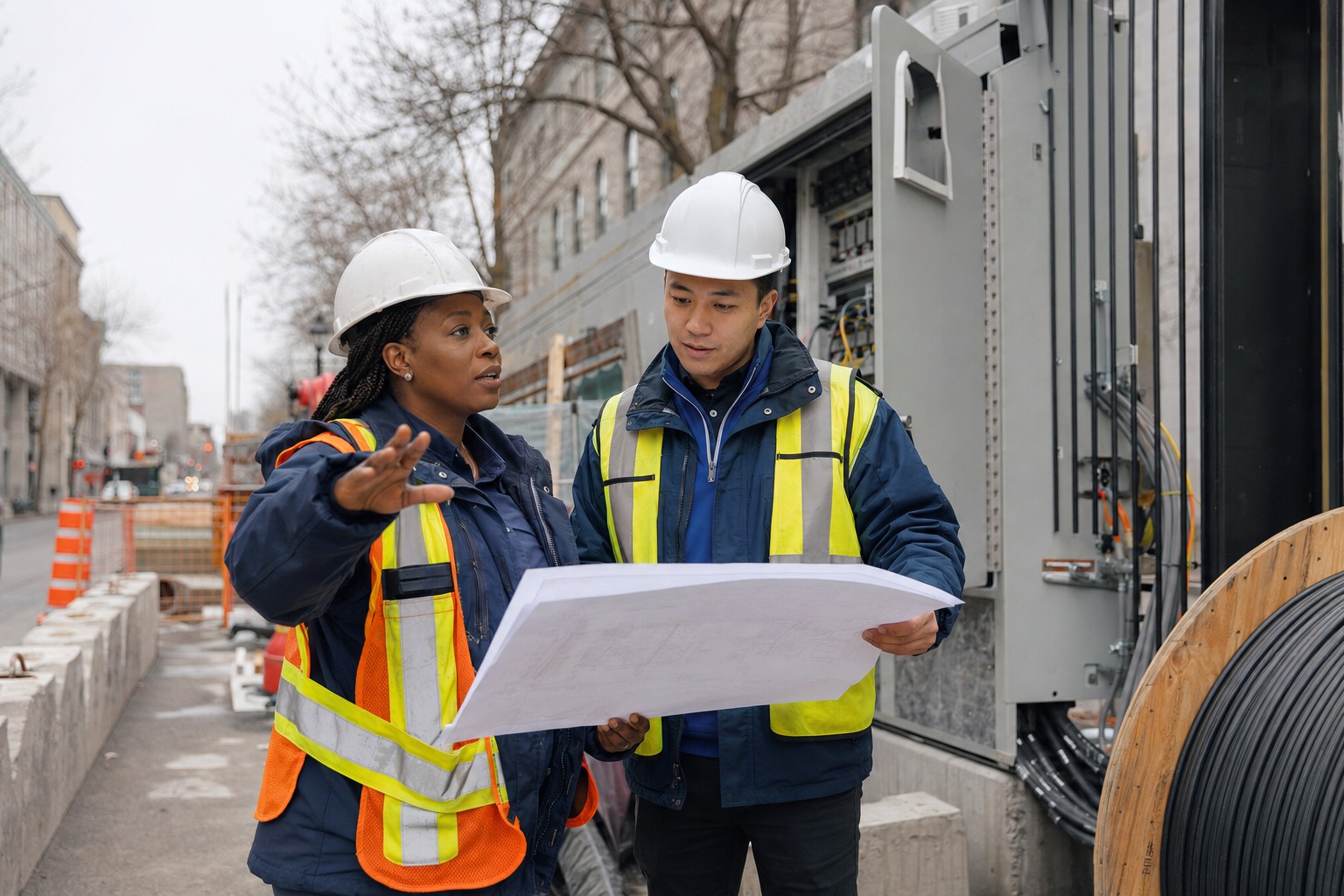 Une cheffe de projet examine des plans sur un chantier de télécommunications